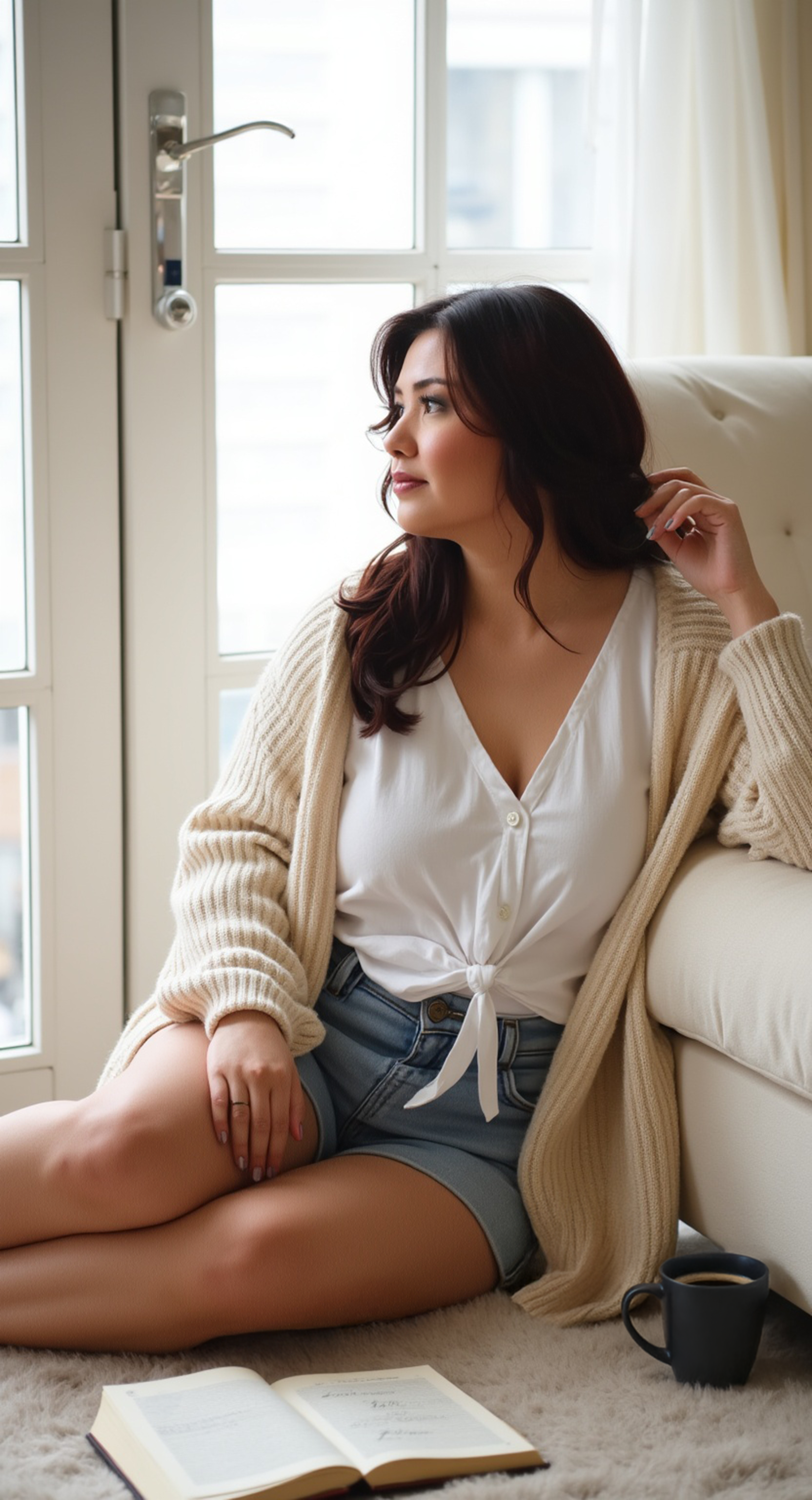 Tetz seated by a window, cardigan, coffee on the floor