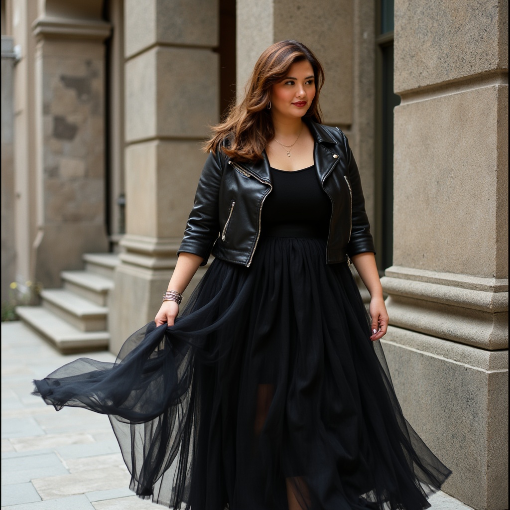 Tetz in a leather jacket and tulle skirt
